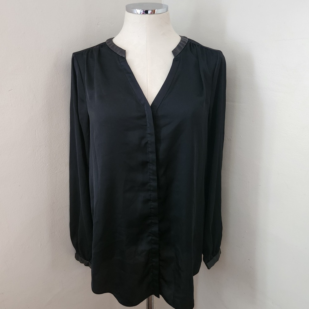 DKNY‎ Black Satin Blouse with Faux Leather Trim Women's Size Small